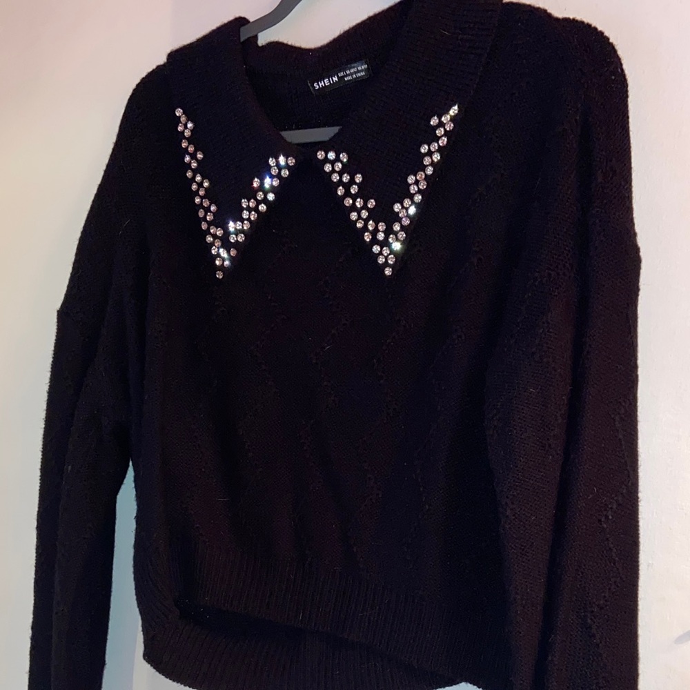 SHEIN Black V-Neck Sweater with Rhinestone Accents